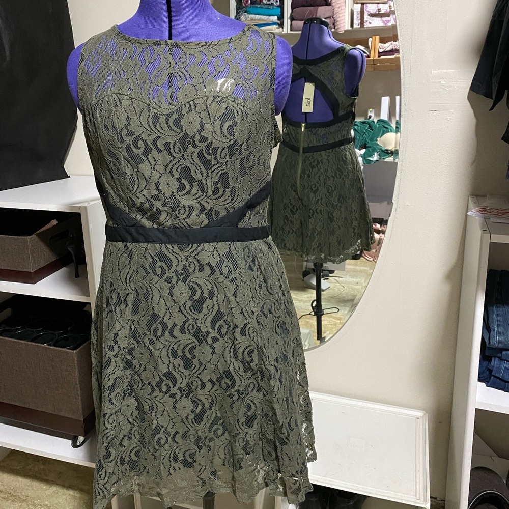Olive Green Lace Fit and Flare Dress